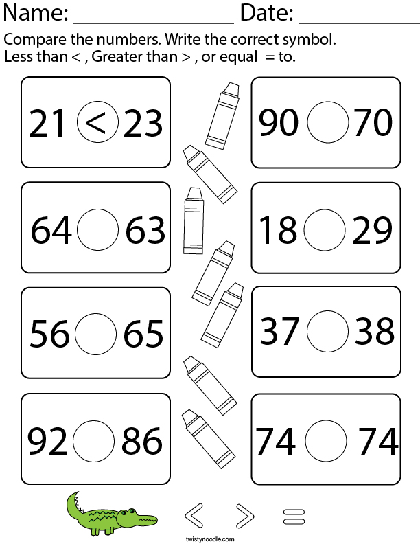 Less Than Greater Than Equal To 2 Digit Numbers Math Worksheet Twisty Noodle